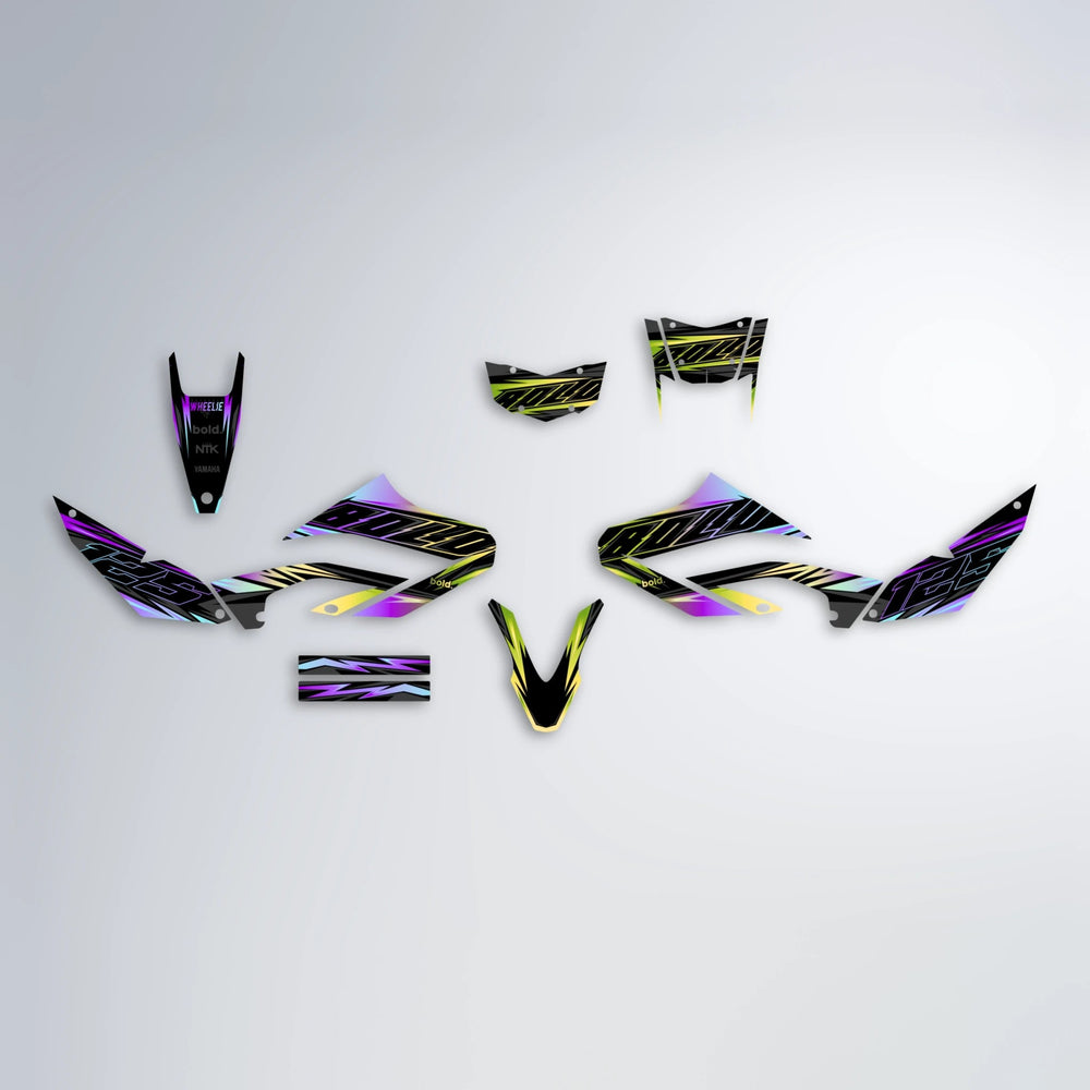 THUNDERSTRUCK Yamaha WR 125X graphics kit parts layout in Purple & Yellow