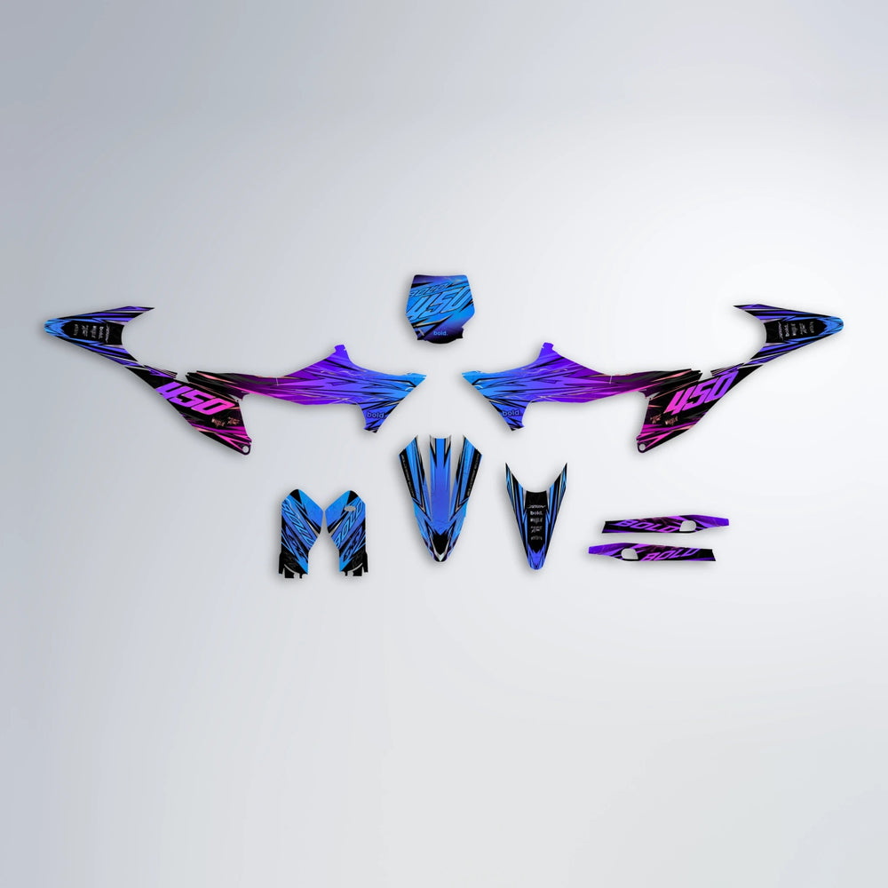 TOTH Stark Varg MX graphics kit parts layout in Blue Purple Fade