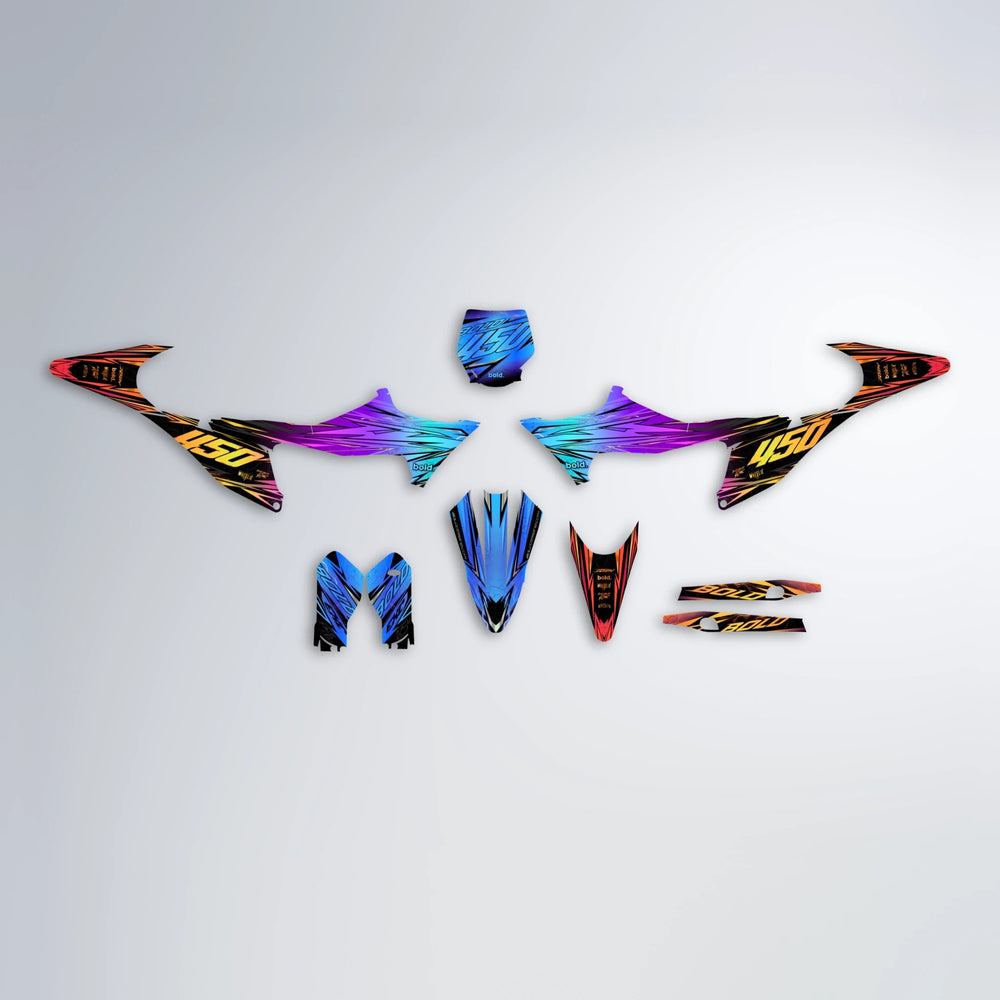 TOTH Stark Varg MX graphics kit parts layout in Sunset Fade