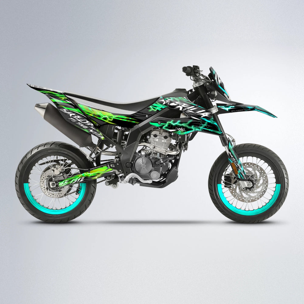 TRINITY Aprilia SX 125 supermoto graphics kit in Cyan & Green