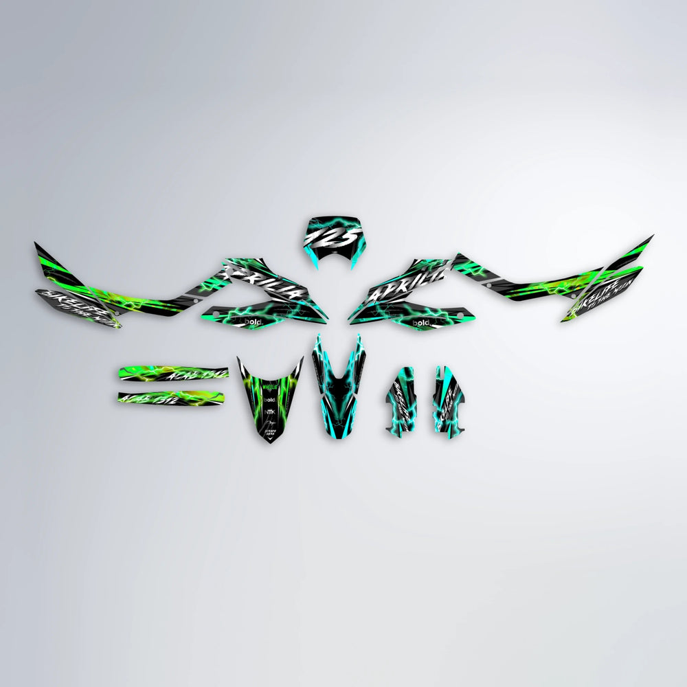 TRINITY Aprilia SX 125 graphics kit parts layout in Cyan & Green