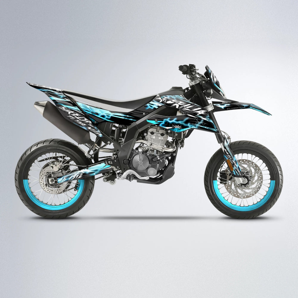 TRINITY Aprilia SX 125 supermoto graphics kit in Light Blue & White