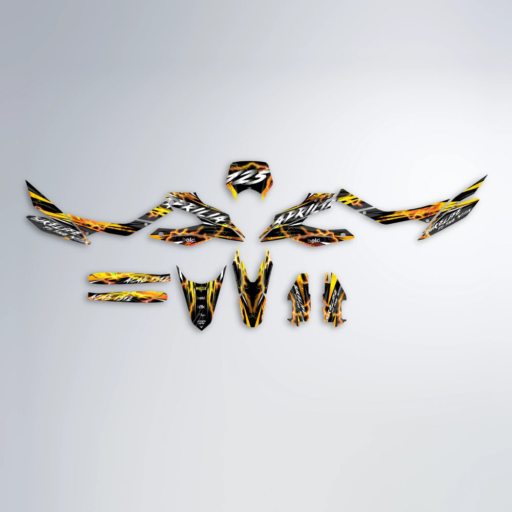 TRINITY Aprilia SX 125 graphics kit parts layout in Orange & Yellow