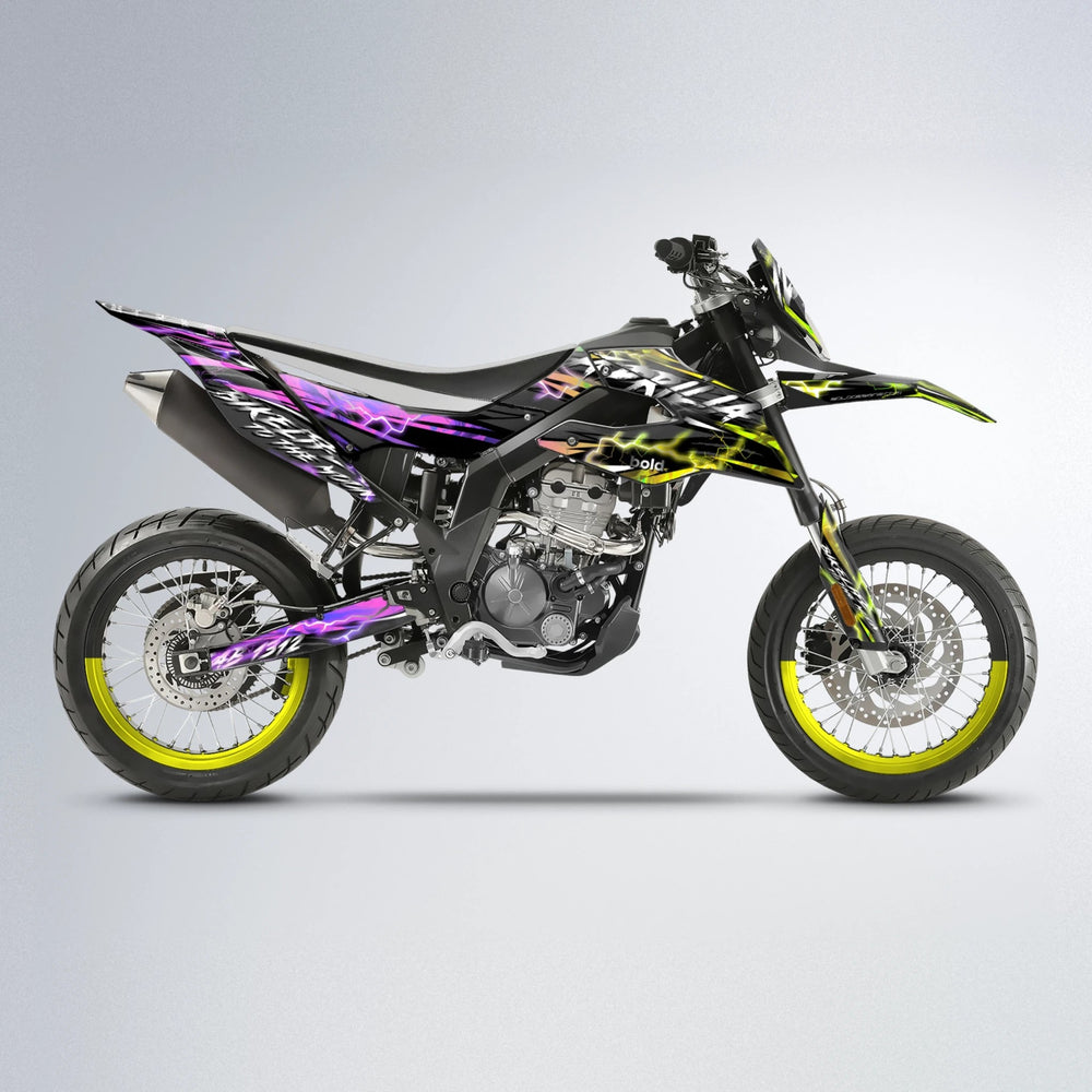 TRINITY Aprilia SX 125 supermoto graphics kit in Purple & Yellow