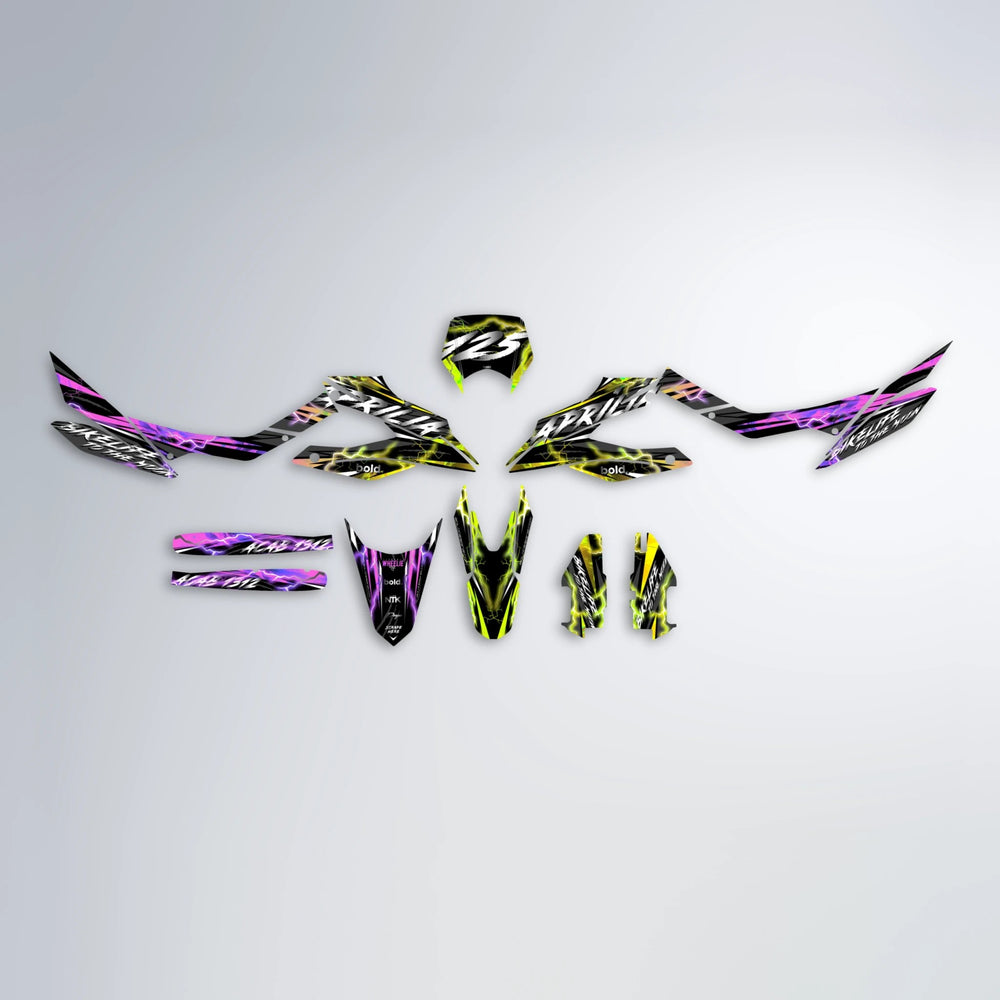 TRINITY Aprilia SX 125 graphics kit parts layout in Purple & Yellow