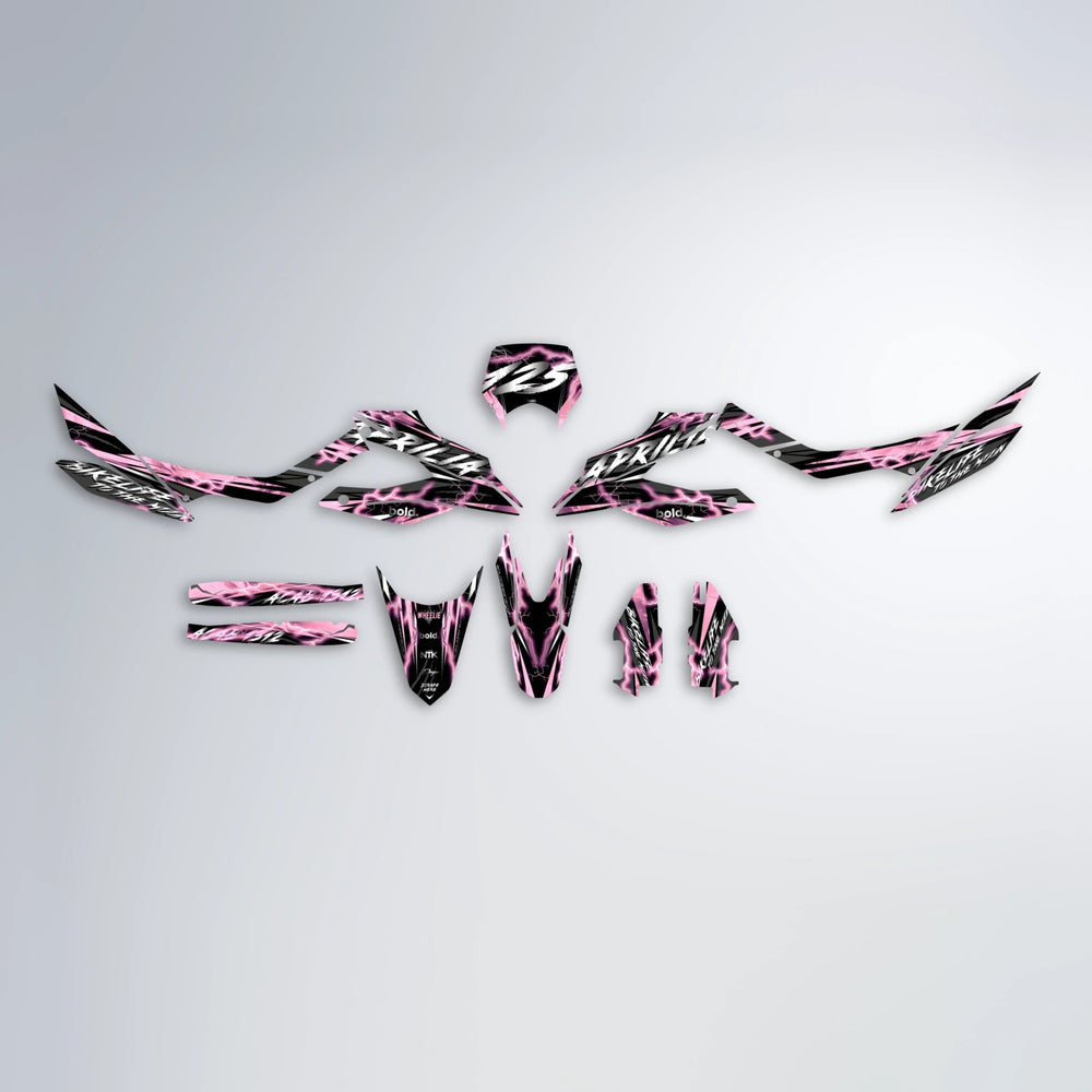 TRINITY Aprilia SX 125 graphics kit parts layout in Sakura Pink