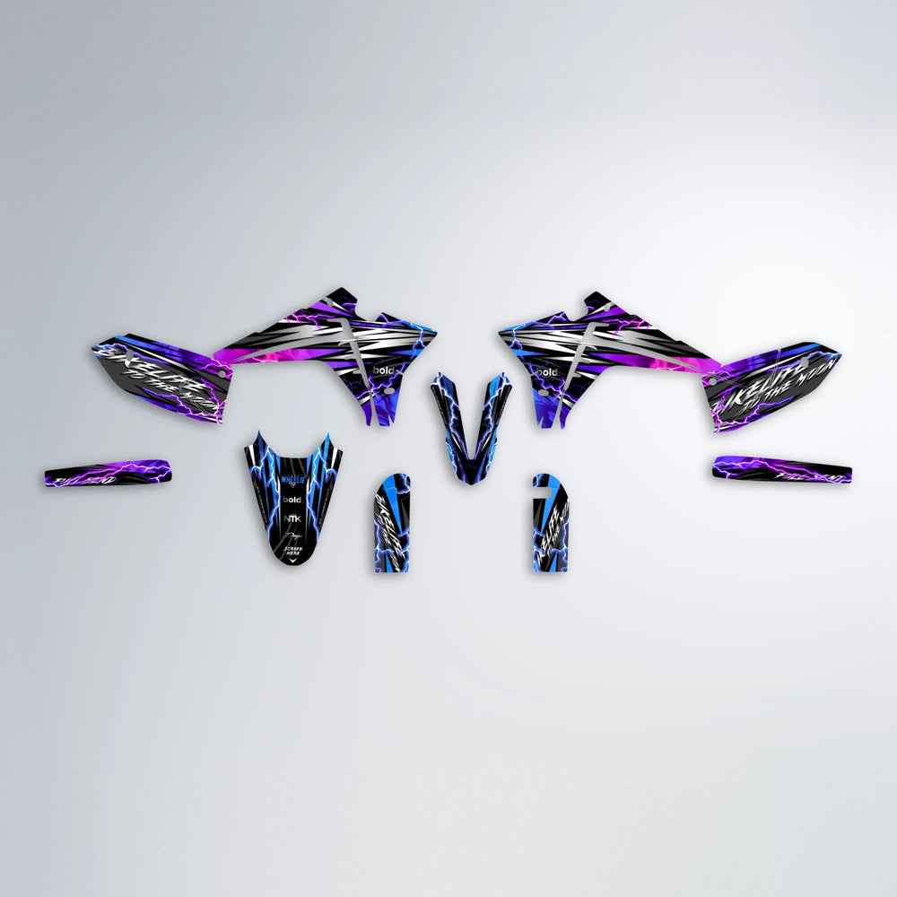 TRINITY Fantic graphics kit parts layout in Blue Purple Fade