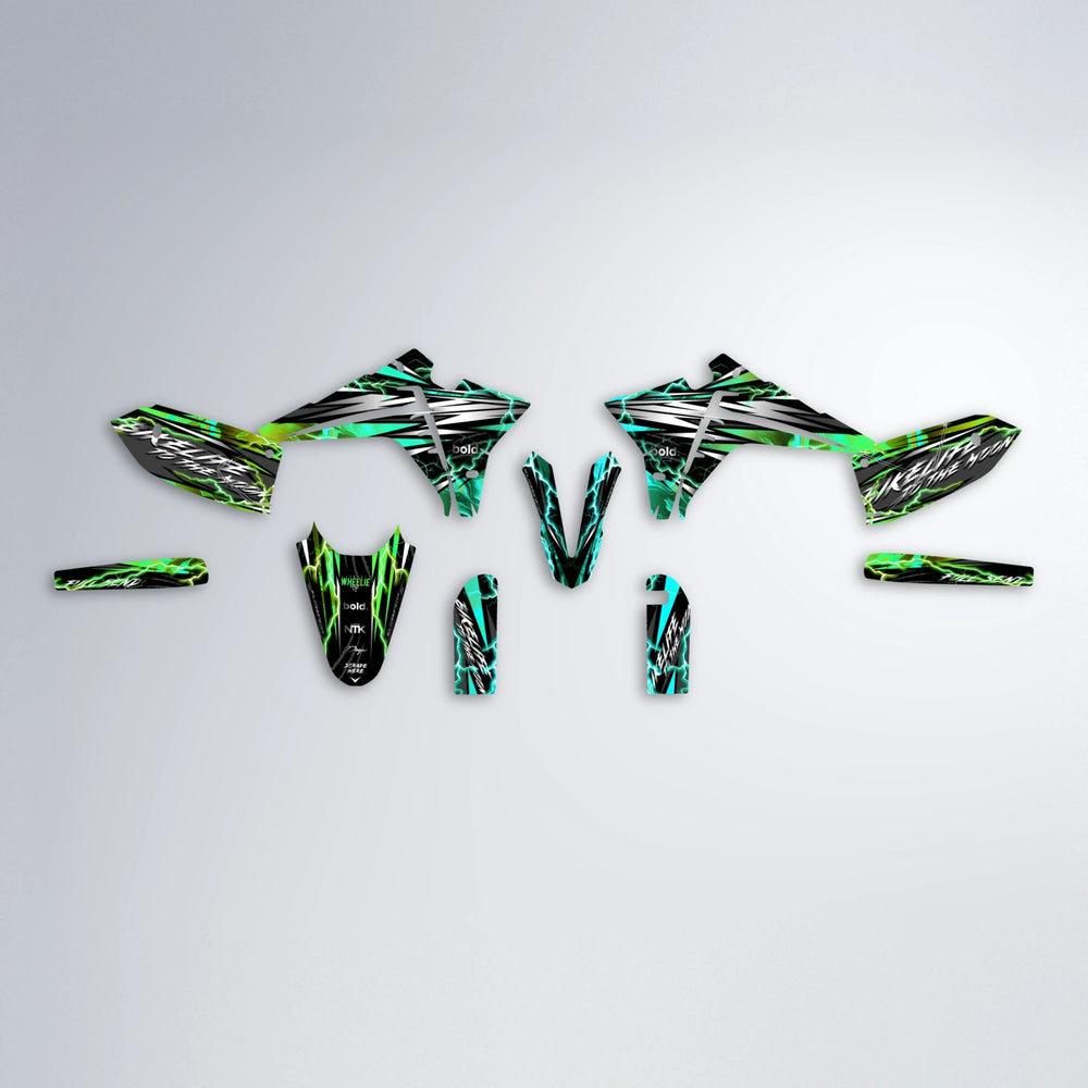 TRINITY Fantic graphics kit parts layout in Cyan & Green