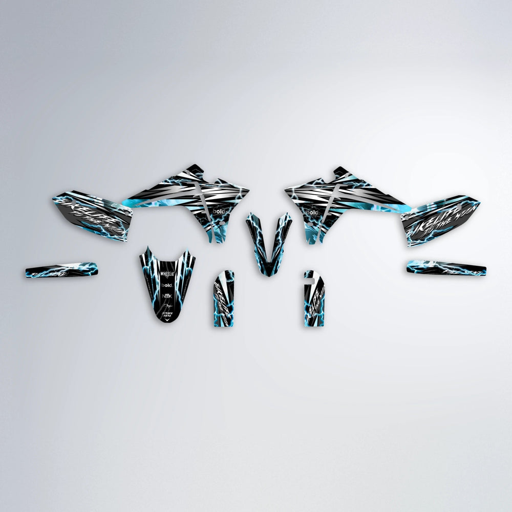 TRINITY Fantic graphics kit parts layout in Light Blue & White