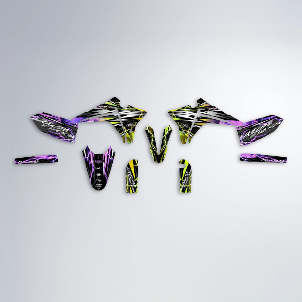 TRINITY Fantic graphics kit parts layout in Purple & Yellow