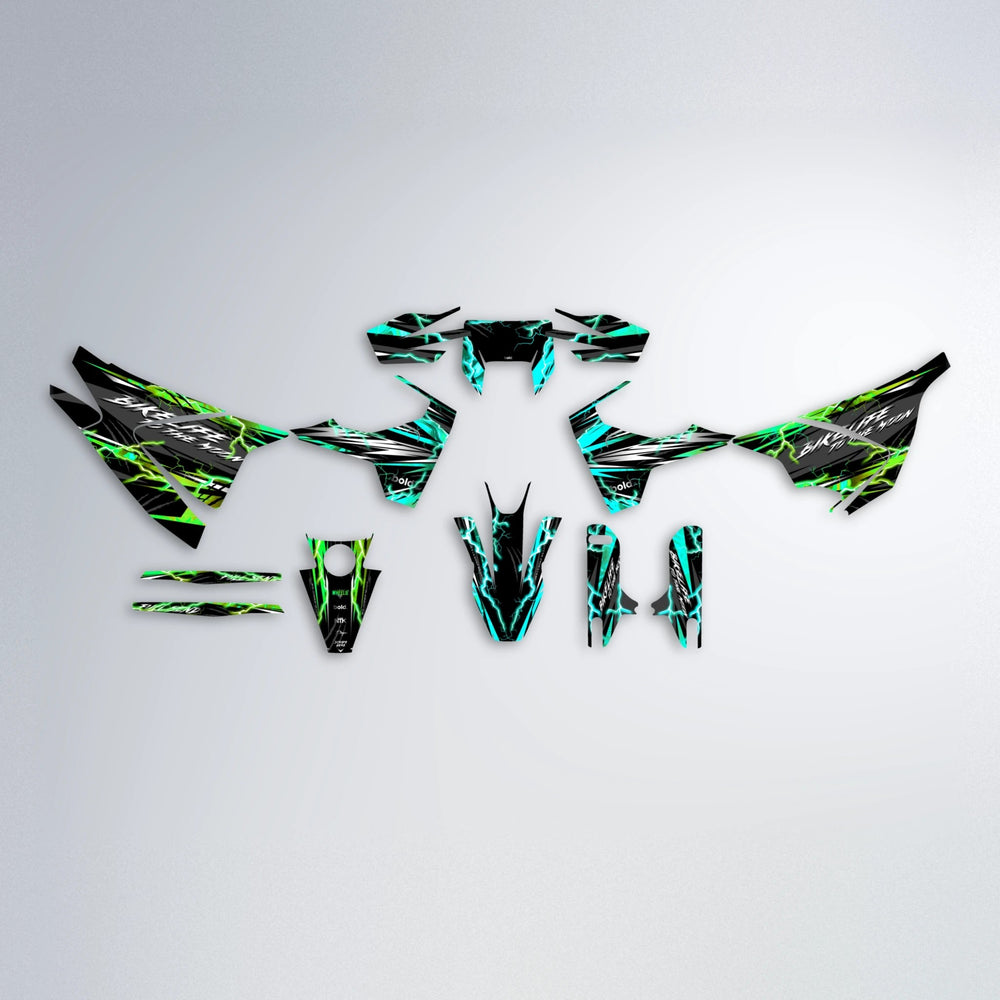 TRINITY Husqvarna 701 graphics kit parts layout in Cyan & Green