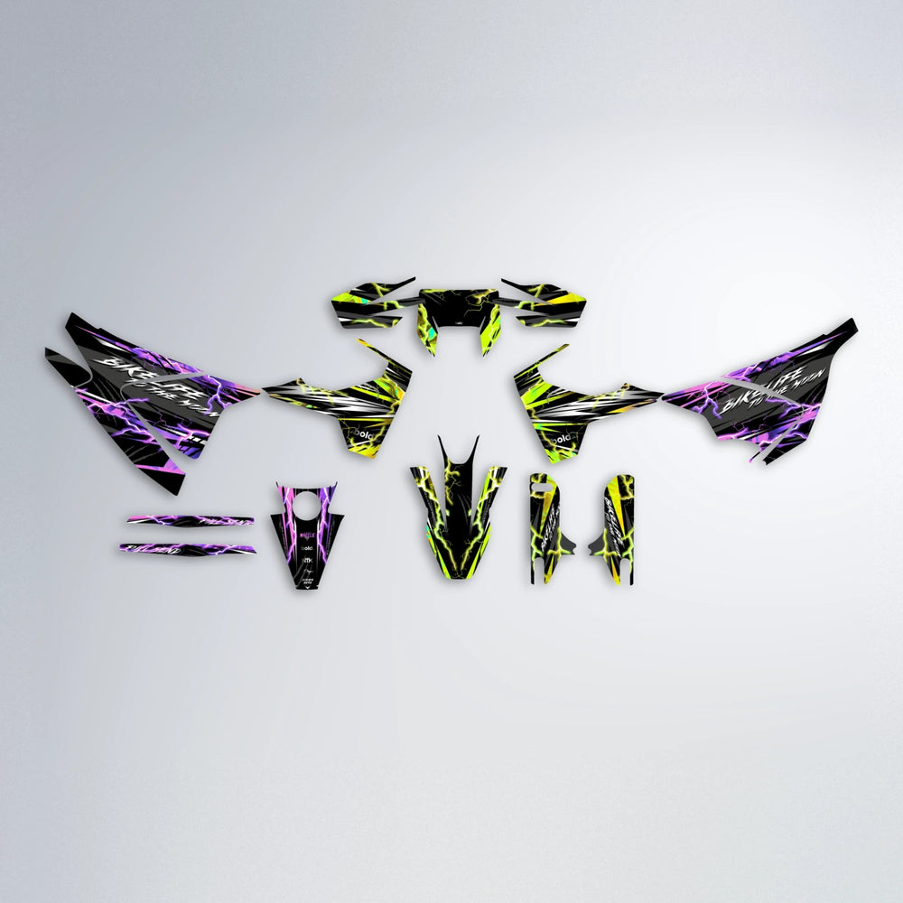 TRINITY Husqvarna 701 graphics kit parts layout in Purple & Yellow