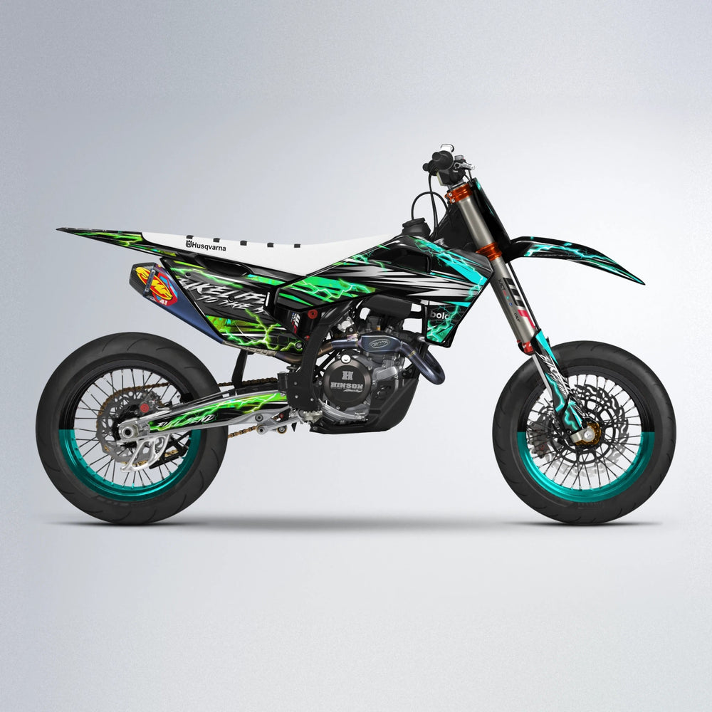 TRINITY Husqvarna FE/TE supermoto graphics kit in Cyan & Green