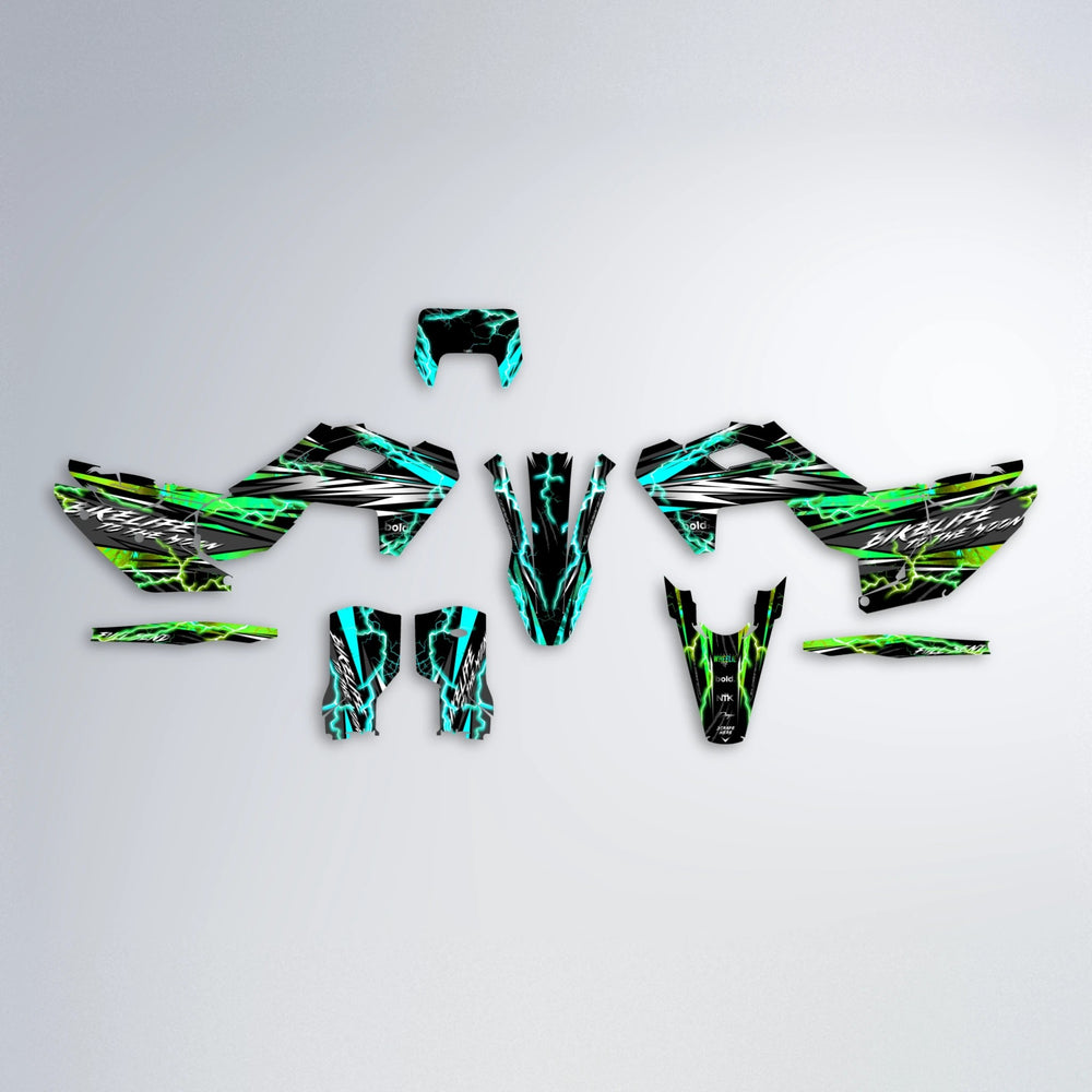 TRINITY Husqvarna FE/TE graphics kit parts layout in Cyan & Green