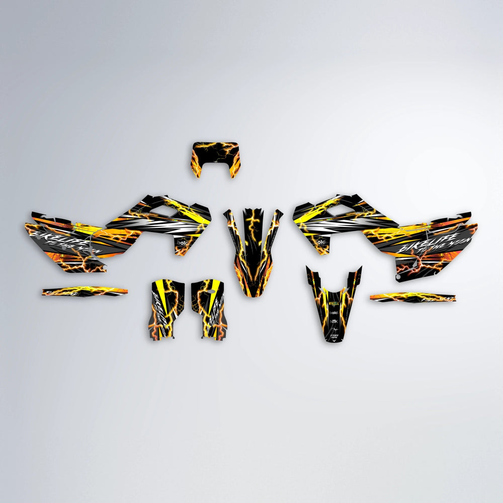 TRINITY Husqvarna FE/TE graphics kit parts layout in Orange & Yellow