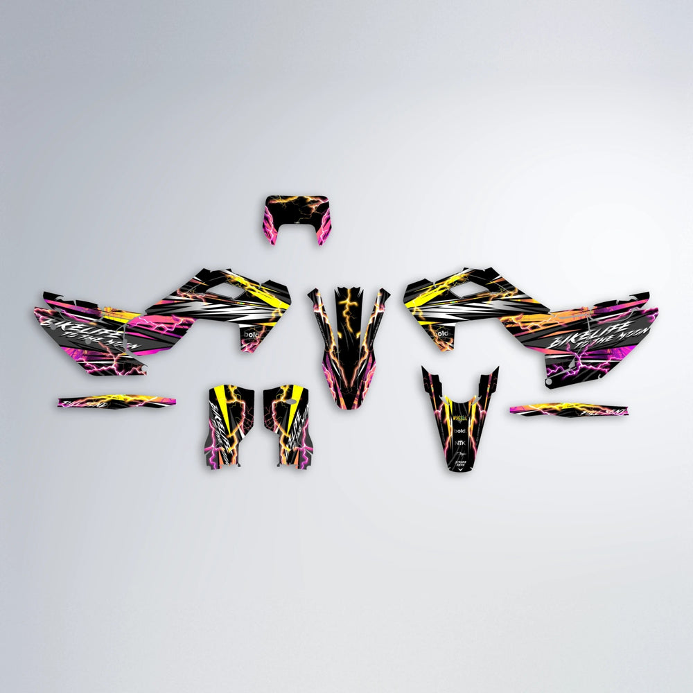 TRINITY Husqvarna FE/TE graphics kit parts layout in Pink & Yellow