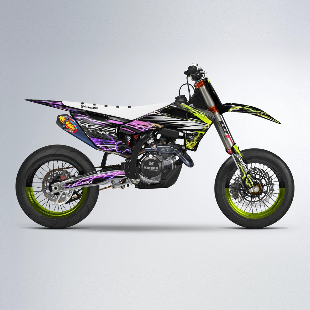 TRINITY Husqvarna FE/TE supermoto graphics kit in Purple & Yellow