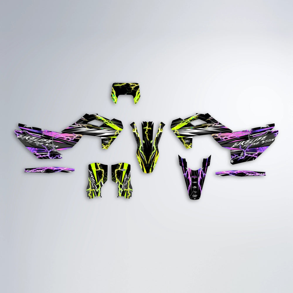 TRINITY Husqvarna FE/TE graphics kit parts layout in Purple & Yellow