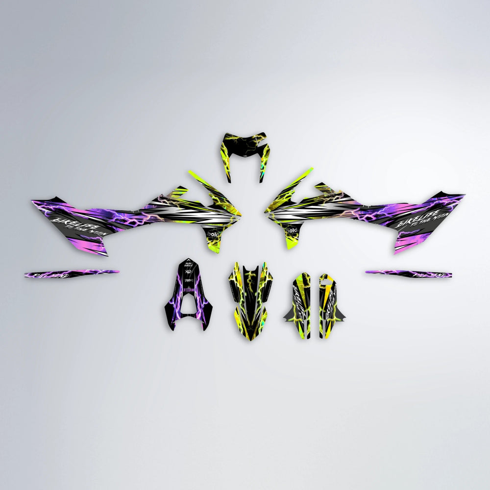 TRINITY KTM SMC 690 graphics kit parts layout in Purple & Yellow