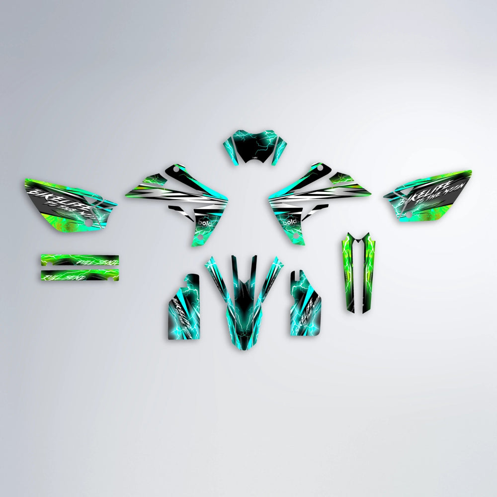 TRINITY Rieju MRT graphics kit parts layout in Cyan & Green
