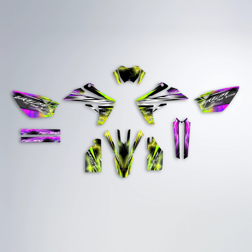 TRINITY Rieju MRT graphics kit parts layout in Purple & Yellow