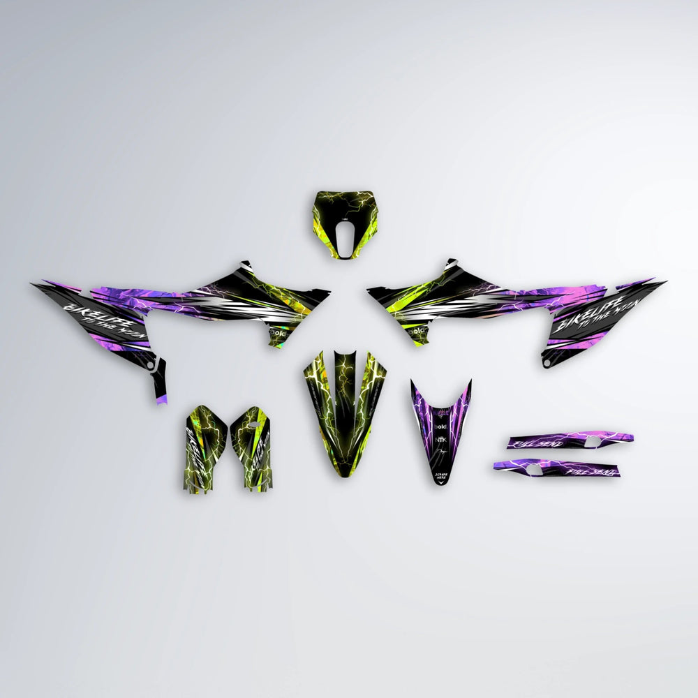TRINITY Stark Varg MX graphics kit parts layout in Purple & Yellow
