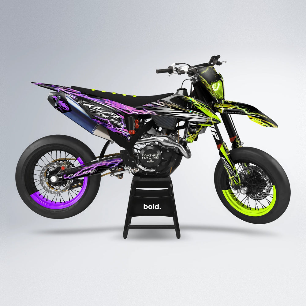 TRINITY supermoto graphics kit in Purple & Fluo Yellow