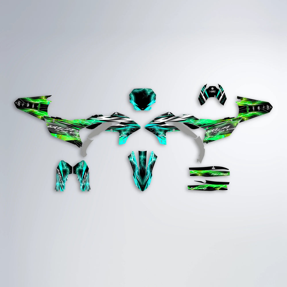 TRINITY Yamaha YZF MX graphics kit parts layout in Cyan & Green