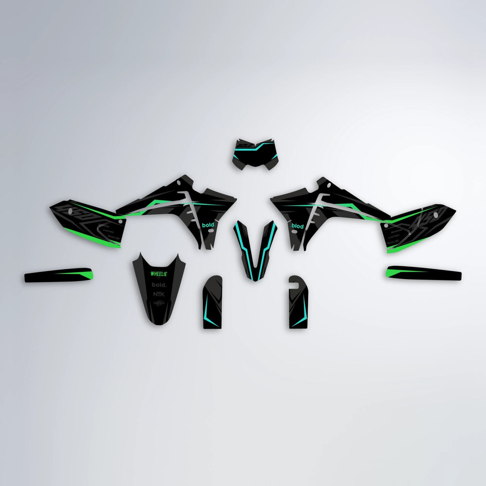 TRONIC Fantic graphics kit parts layout in Cyan & Green