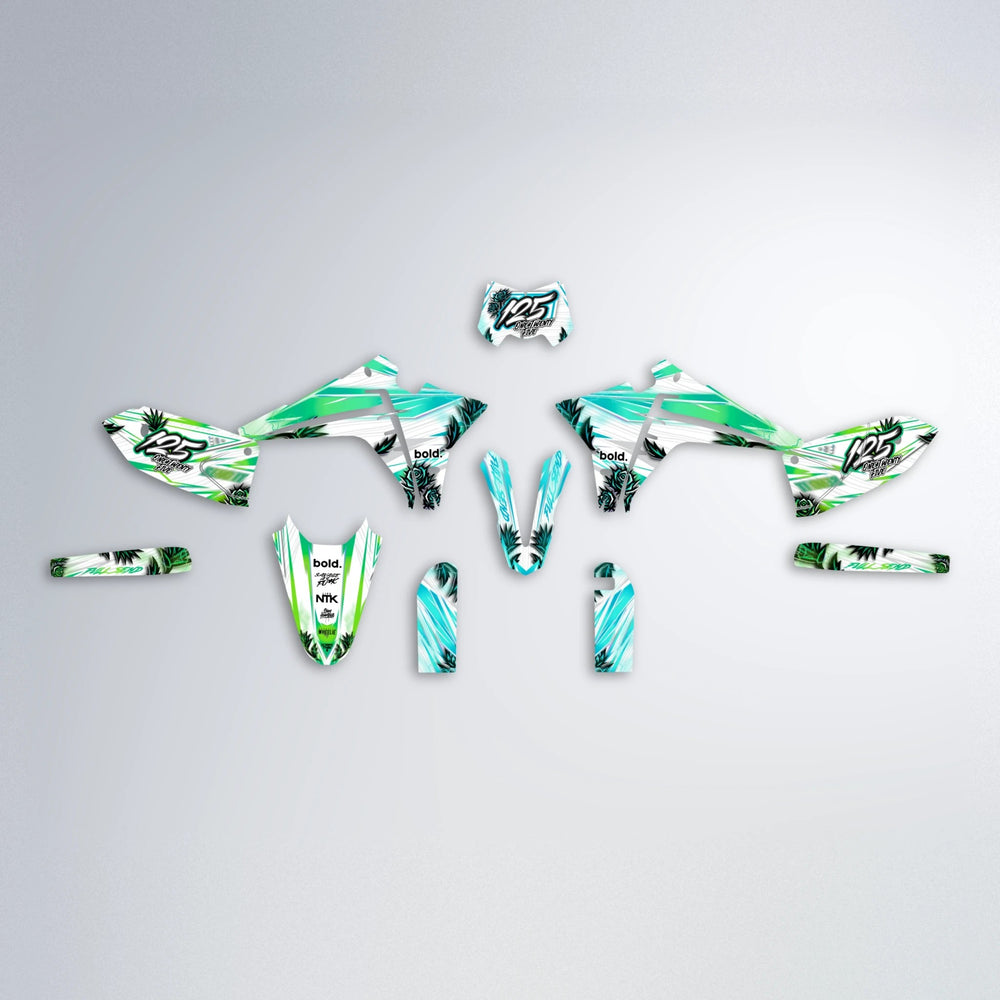TROPIC Fantic graphics kit parts layout in Cyan & Green