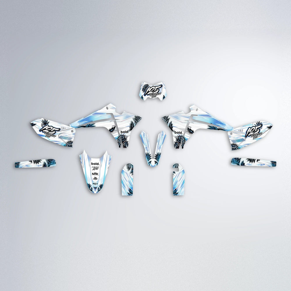 TROPIC Fantic graphics kit parts layout in Light Blue & White