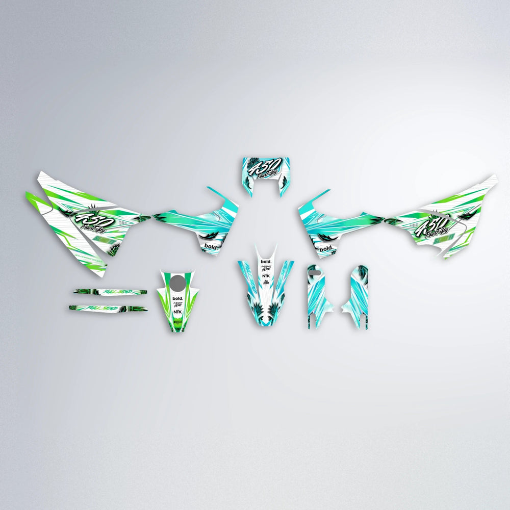 TROPIC Husqvarna 701 graphics kit parts layout in Cyan & Green