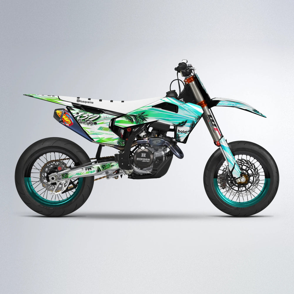 TROPIC Husqvarna FE/TE supermoto graphics kit in Cyan & Green