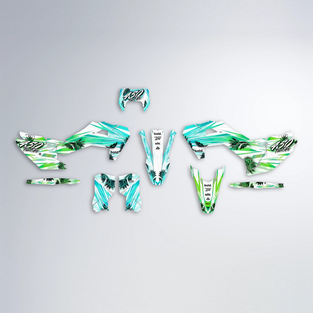 TROPIC Husqvarna FE/TE graphics kit parts layout in Cyan & Green