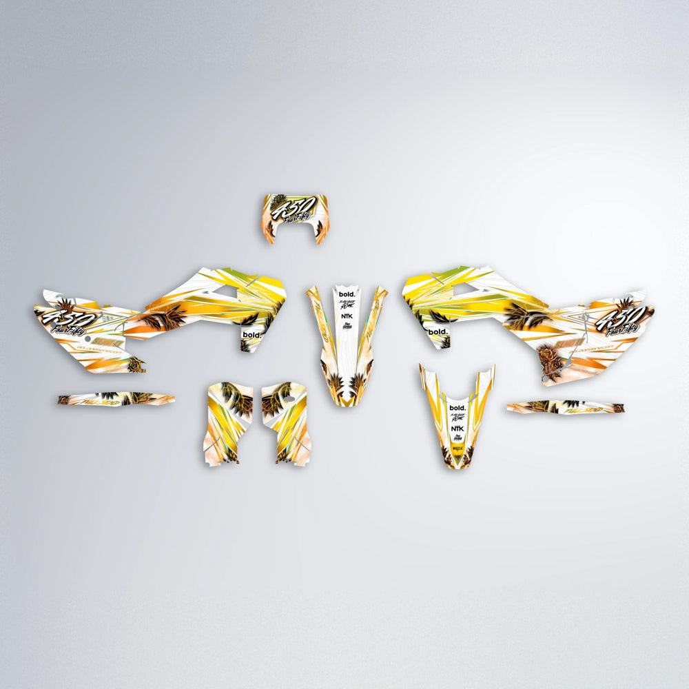 TROPIC Husqvarna FE/TE graphics kit parts layout in Orange & Yellow