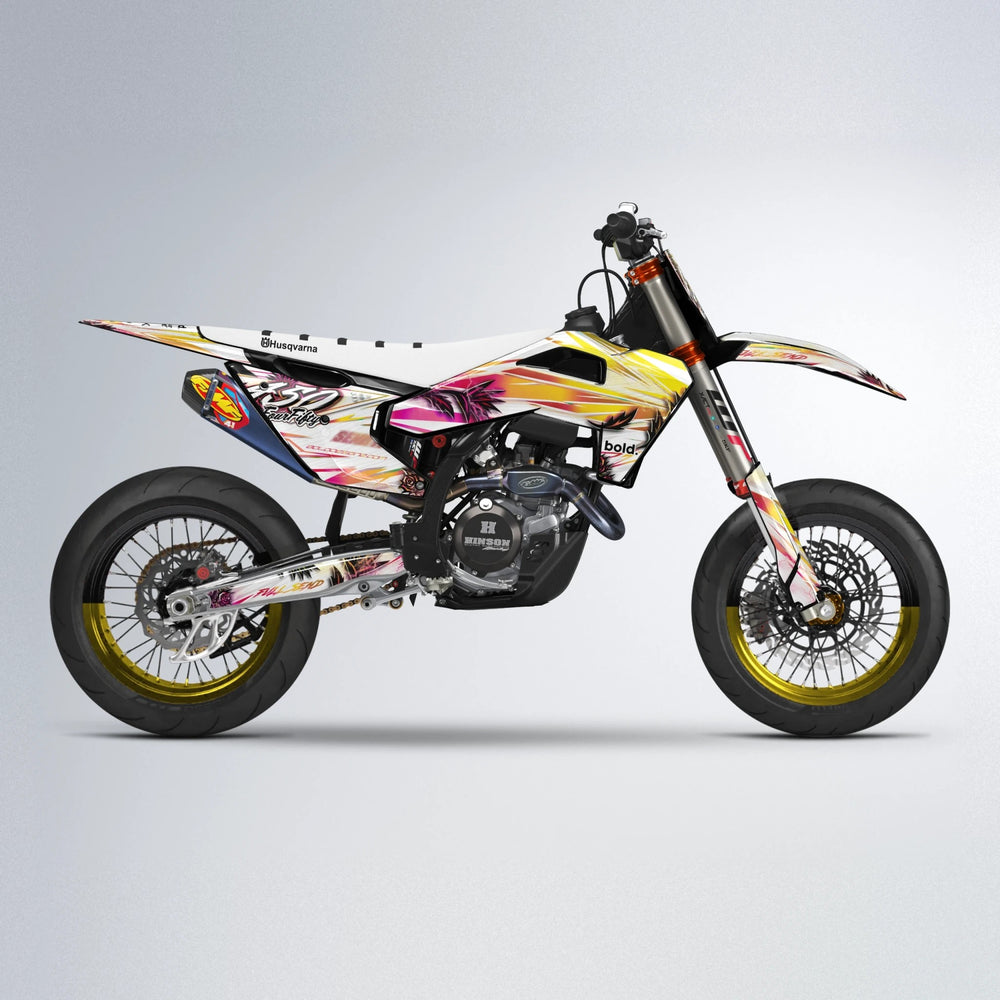 TROPIC Husqvarna FE/TE supermoto graphics kit in Pink & Yellow