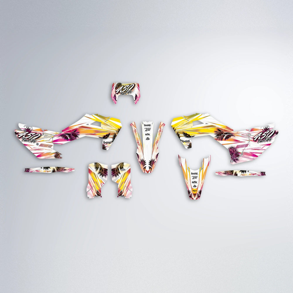 TROPIC Husqvarna FE/TE graphics kit parts layout in Pink & Yellow