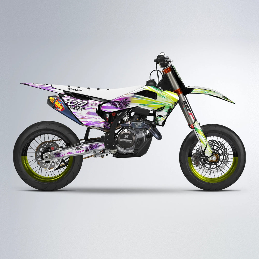 TROPIC Husqvarna FE/TE supermoto graphics kit in Purple & Yellow