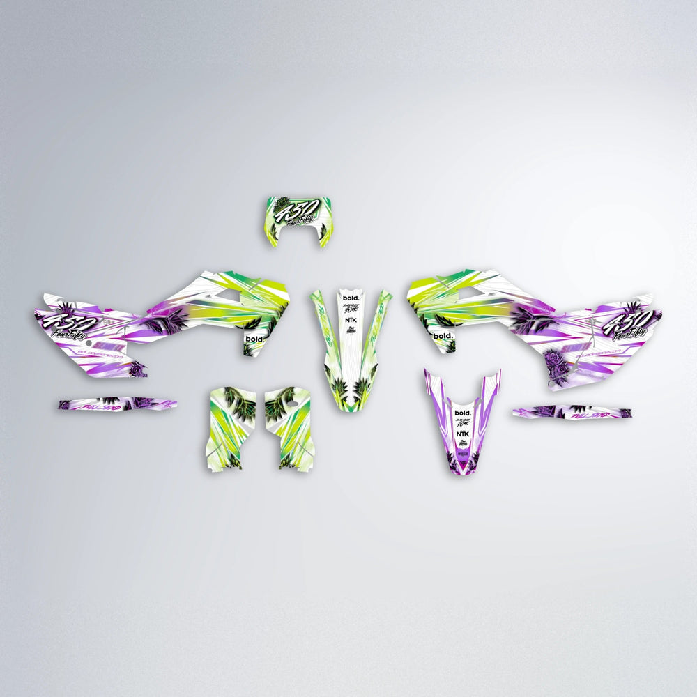 TROPIC Husqvarna FE/TE graphics kit parts layout in Purple & Yellow