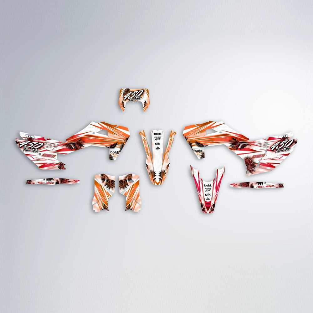 TROPIC Husqvarna FE/TE graphics kit parts layout in Red & Orange