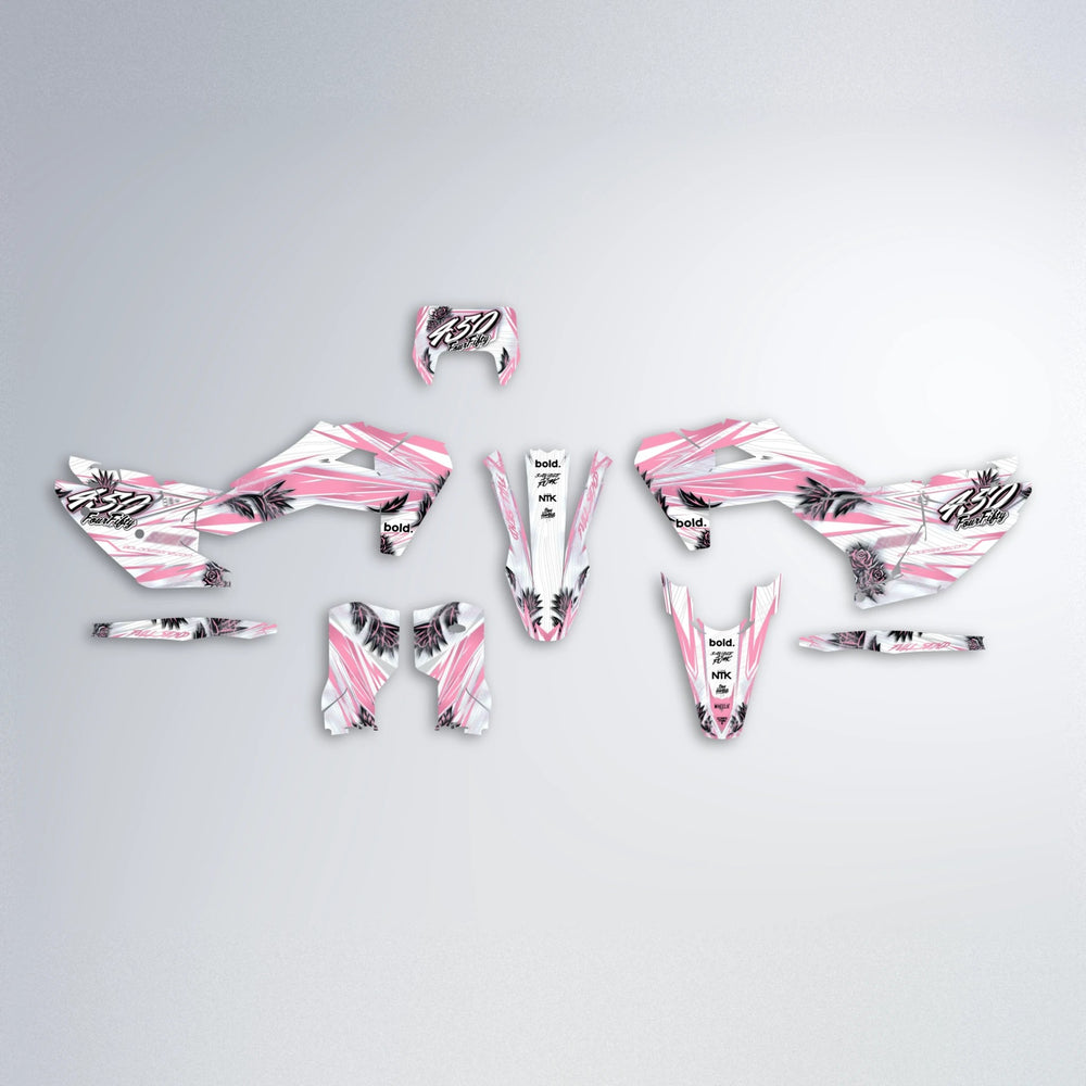 TROPIC Husqvarna FE/TE graphics kit parts layout in Sakura Pink