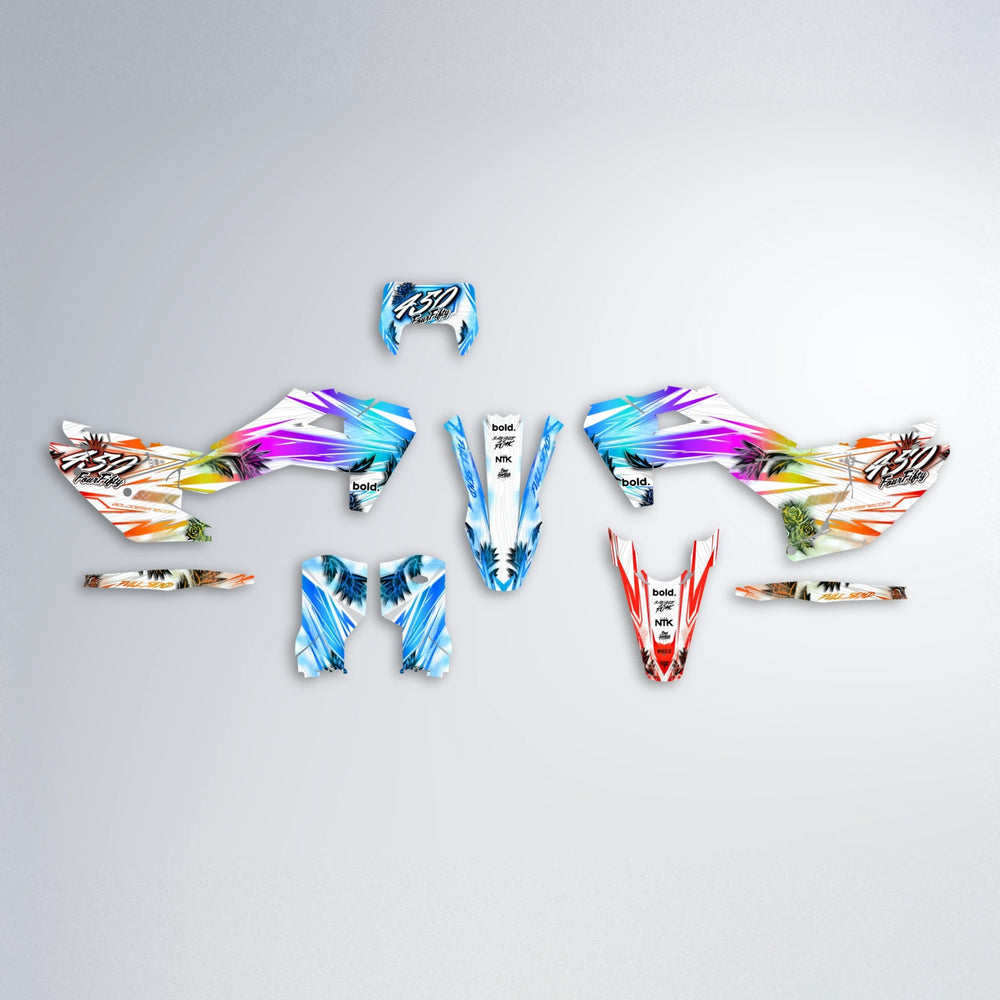 TROPIC Husqvarna FE/TE graphics kit parts layout in Sunset Fade