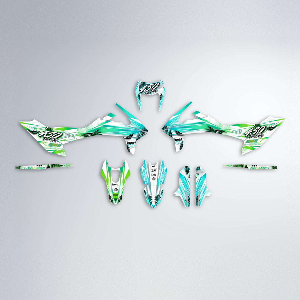 TROPIC KTM SMC 690 graphics kit parts layout in Cyan & Green
