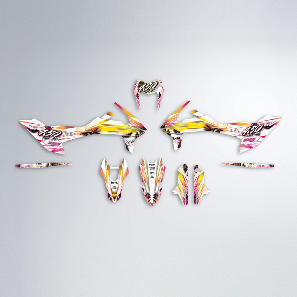 TROPIC KTM SMC 690 graphics kit parts layout in Pink & Yellow