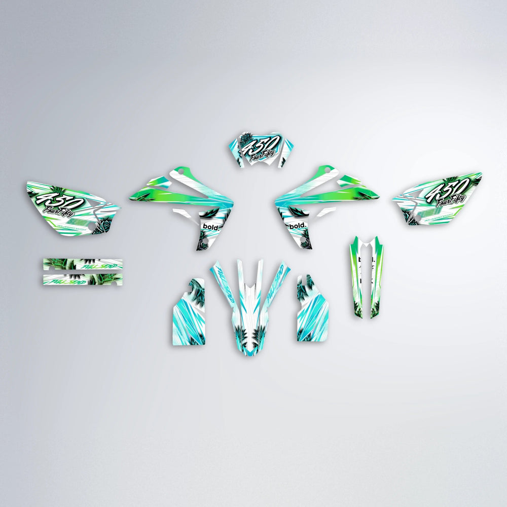 TROPIC Rieju MRT graphics kit parts layout in Cyan & Green