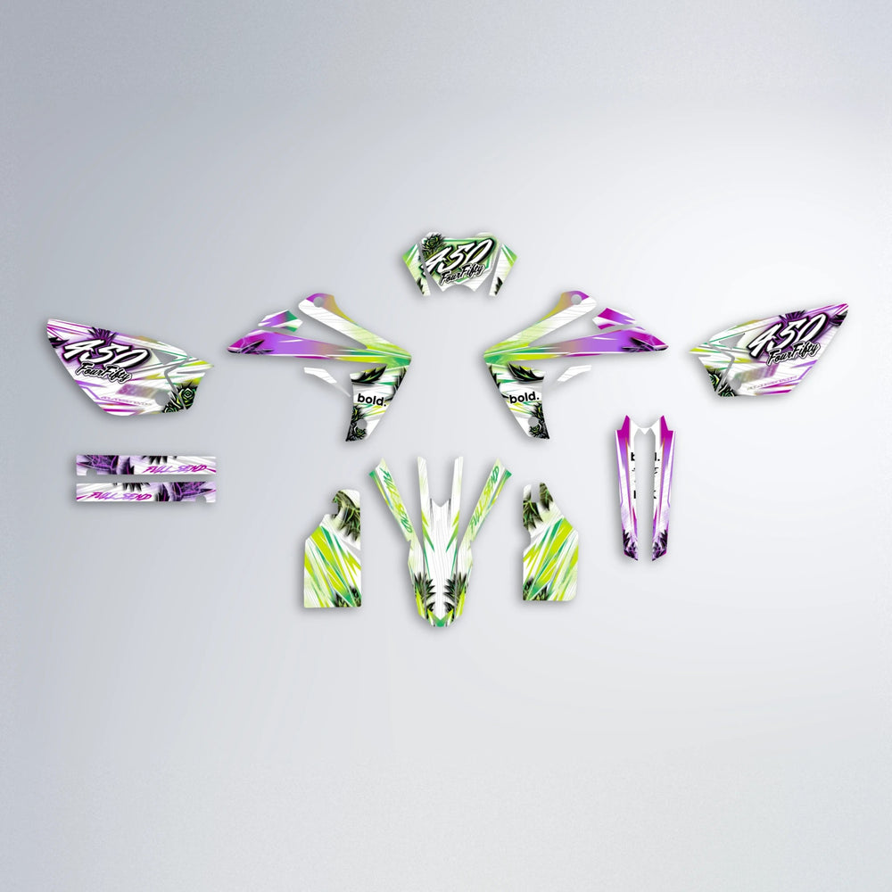 TROPIC Rieju MRT graphics kit parts layout in Purple & Yellow