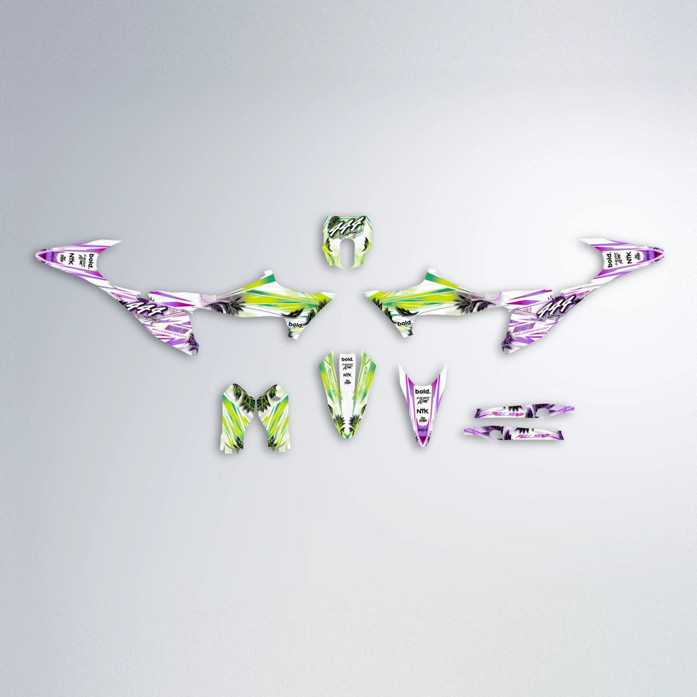 TROPIC Stark Varg MX graphics kit parts layout in Purple & Yellow