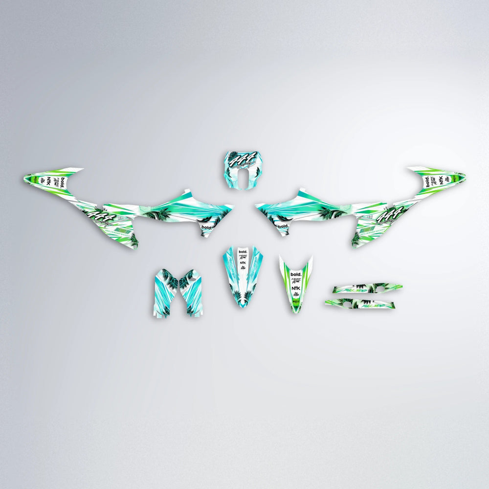 TROPIC Stark Varg SM graphics kit parts layout in Cyan & Green