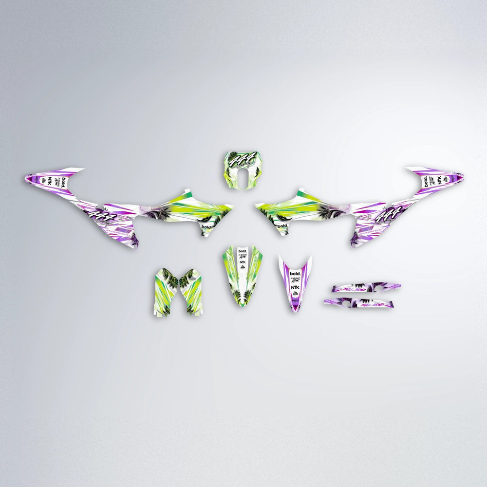TROPIC Stark Varg SM graphics kit parts layout in Purple & Yellow