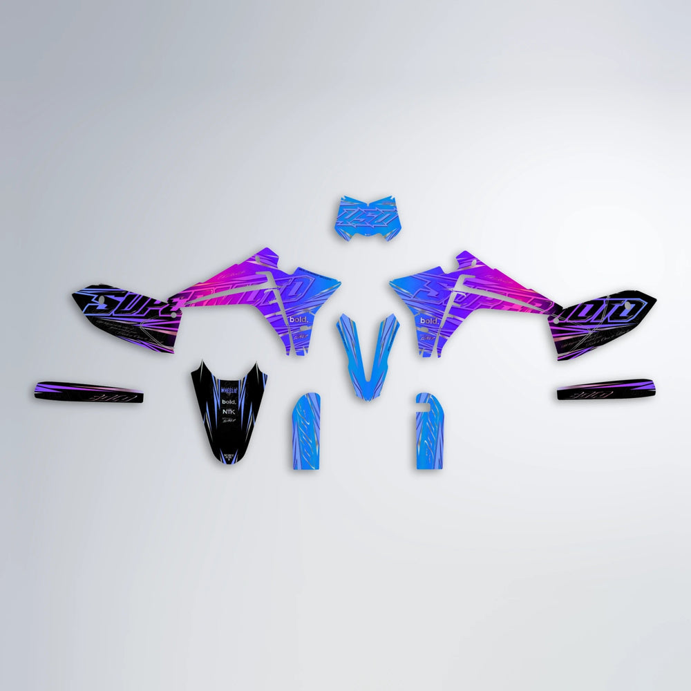 VELOCITY Fantic graphics kit parts layout in Blue Purple Fade